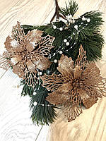 Новогодний декор. Цветок рождественский- пуансеттия ажурная ( платина 15 см )