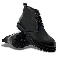 Мужские зимние ботинки Stepter (Украина) с мехом кожаные (нубук) черные высокие со шнуровкой и молнией 7803