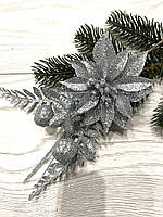 Бутон'єрка новорічна. Гілочка срібна для новорічного декору (22 см), фото 7