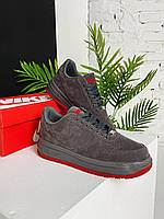 Мужские кроссовки Nike Air Force Dark Grey Red (темно-серые) Найк Аир Форс низкие замш текстиль демисезон