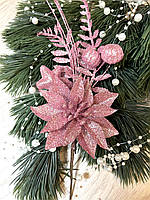 Розовая бутоньерка для новогоднего декора . Веточка с рождественской пуансеттией ( 22 см )