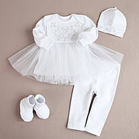 Вышитое платье новорожденной девочки комплект штаны шапочка пинетки Angel Белый