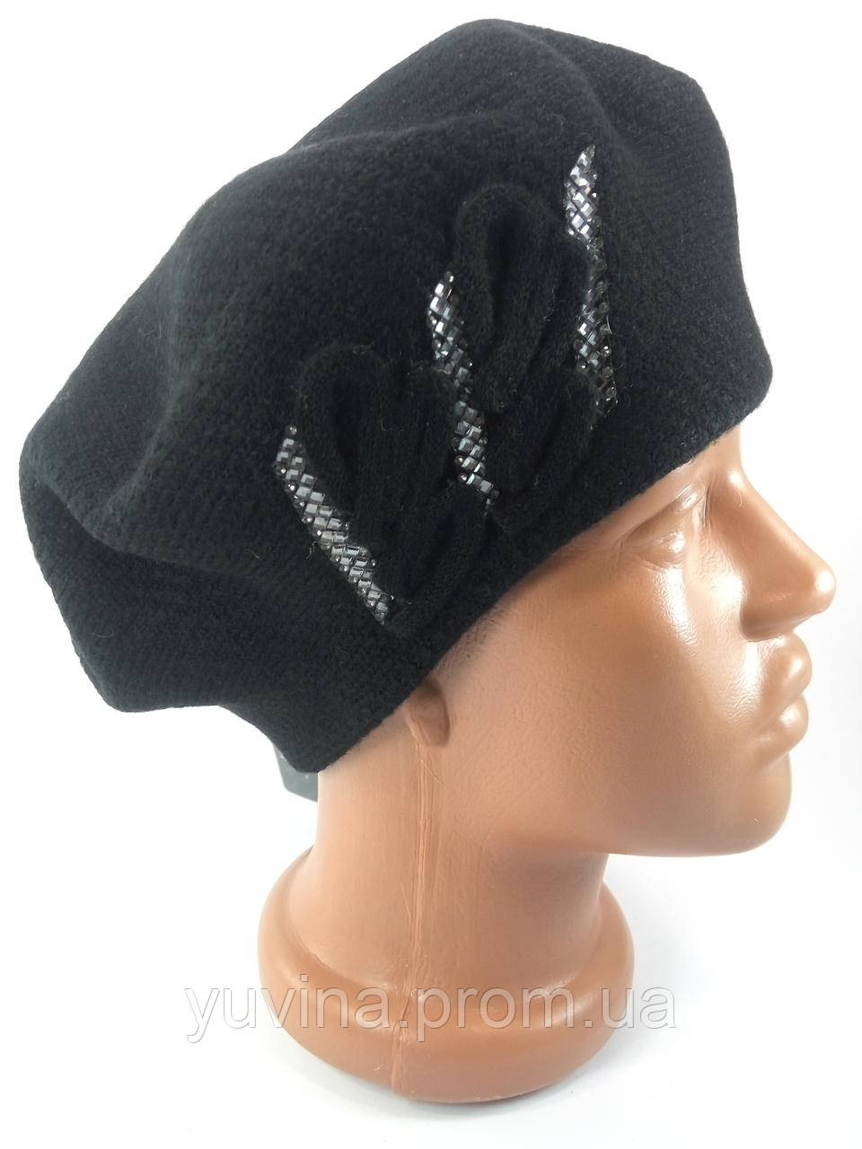 Купить Берет Женский Шерстяной Зимний Плотный Модный со Стразами Черный ...