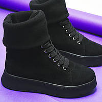 Замшевые ботинки женские зимние кеды хайтопы с довязом черные Sock-2
