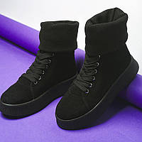 Демисезонные женские ботинки замшевые черные кеды хайтопы с довязом Sock-2
