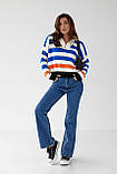 Смугастий светр із високим коміром на блискавці — синій колір, L (є розміри), фото 6
