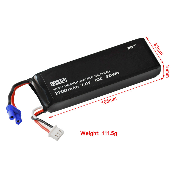 Аккумулятор литий-полимерный 2700mAh 7.4V высокотоковый 10C 1534105 для Hubsan H501S, H501A, H501M, H501C - фото 7 - id-p560847812