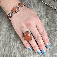 Изящный набор - браслет и кольцо с натуральным камнем Авантюрин "Золотой песок" в оправе "Зубчик"