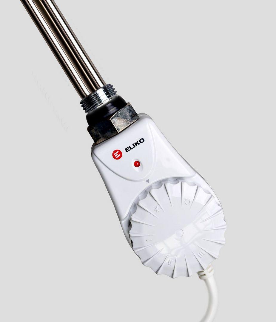 Білий електроТЕН Eliko з механічним регулятором температури 5-70 °C у сушарку для рушників. Польща, різь 1/2"