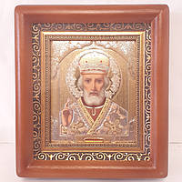 Икона Николай Чудотворец святой, лик 10х12 см, в коричневом деревянном киоте