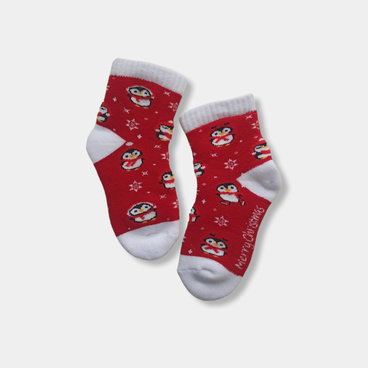 Махрові шкарпетки дитячі новорічні червоні Пінгвін | теплі шкарпетки новорічні