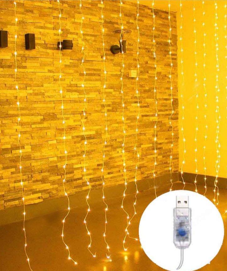 Гірлянда штора-роса 200 LED, 10ліній, 3 м х 2 м, 8режимів + пульт, Теплий Білий колір