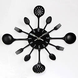 Настінний годинник на кухню Ложки-виделки "Toast" — вражаюча прикраса для кафе та кухні (Метал, 41 х 41 см) Чорний