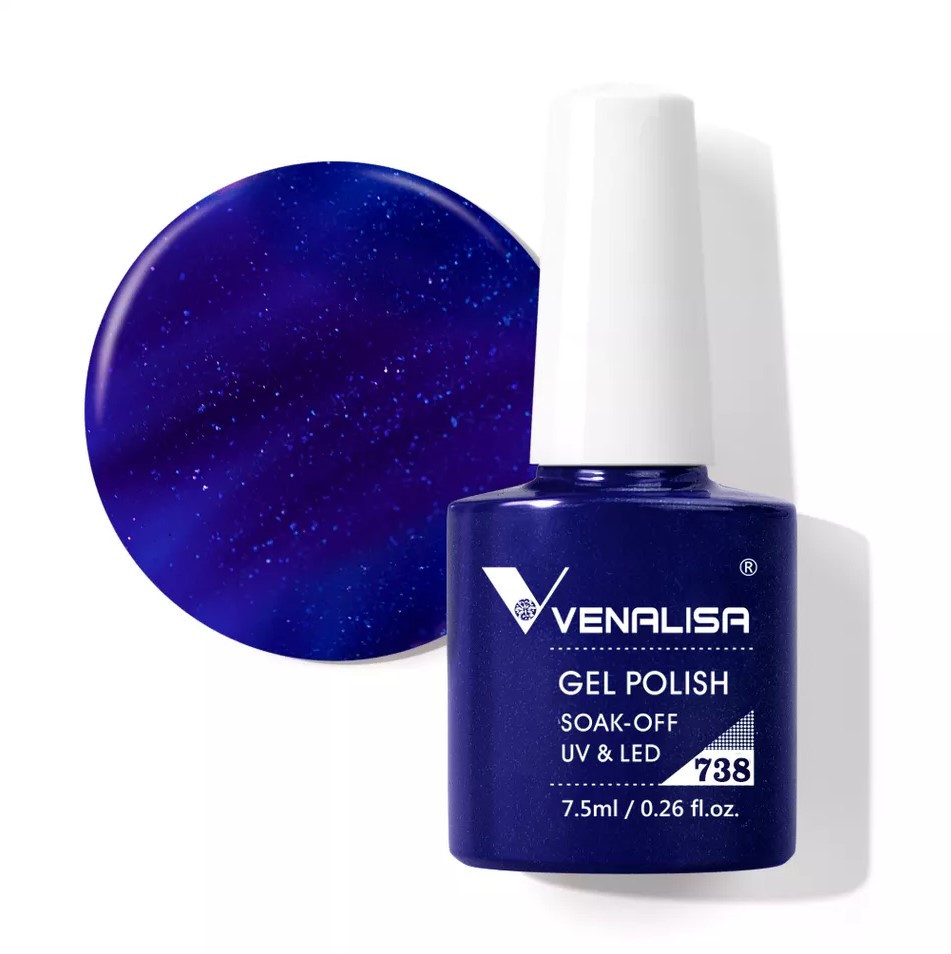 Гель-лак Venalisa No738, 7.5 мл, синій із синіми блискітками