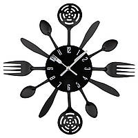 Настенные часы на кухню "Spoons-forks" Впечатляющее украшение для кафе и кухни (Металл, 37 х 37 см) Чёрный