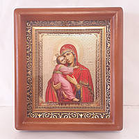 Ікона Володимирська Пресвята Богородиця, лик 10х12 см, в коричневому дерев'яному кіоті