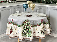 Скатерть новогодняя гобеленовая круглая рождественская елка елочка Limaso на круглый стол RABETO 137 см