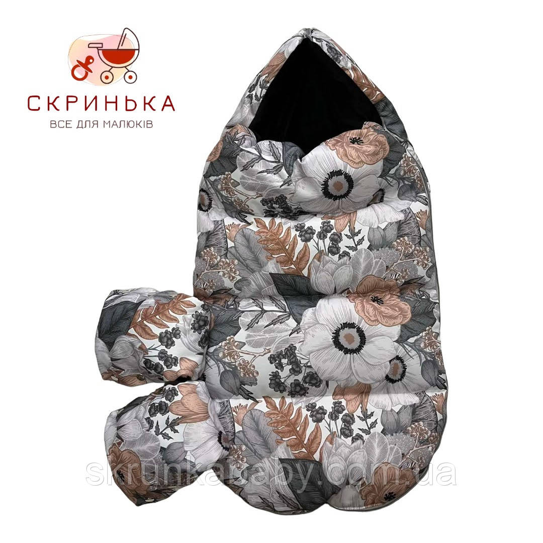 Зимові комплекти в коляску (конверт та рукавички) Квіти, фото 1