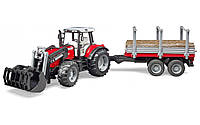 Игрушка Bruder Трактор Massey Ferguson 7480 с погрузчиком и прицепом с бревнами 1:16 (02046)