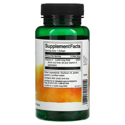 Вітамін А Swanson, Vitamin A 10,000 IU 250 Softgels, фото 2