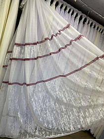 Тюль жакард заввишки 2,8 м. крем з бордовою полоскою