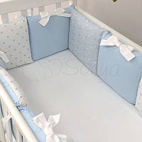Бортики защита и простынь для детской кроватки Shine голубой сердечко топ