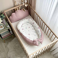 Кокон гнездо для новорожденных для сна, размер 90х65см, поплин и вафля, "Nordic" Гортензия пудра топ