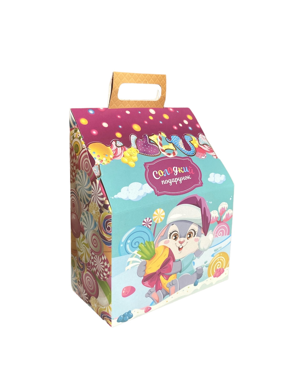 Новорічна коробка для цукерок до 650 г Ранець зайчик