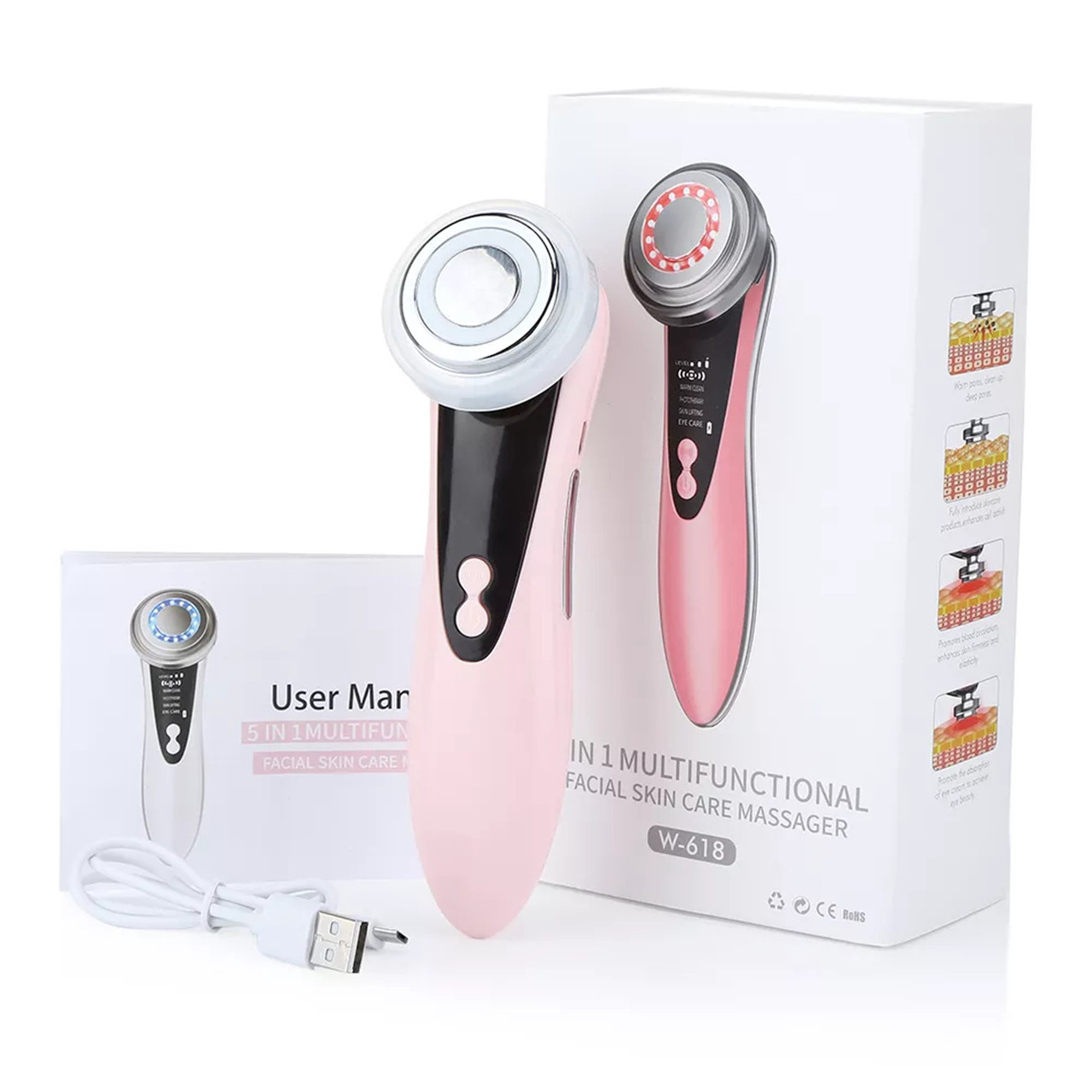 Мікрострумовий масажер для обличчя 5в1 Facial Massager W-618D з LED терапією для догляду за шкірою рожевий