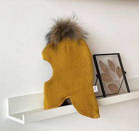 Шапка шолом для малюків з бубоном з натурального хутра Nord об'єм 46 - 48 см Kid's Fantasy Гірчичний