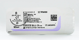 Хірургічна нитка Ethicon Вікрил (Vicryl) 0, довжина 90 см, кільк. голка, 40 мм, W9430