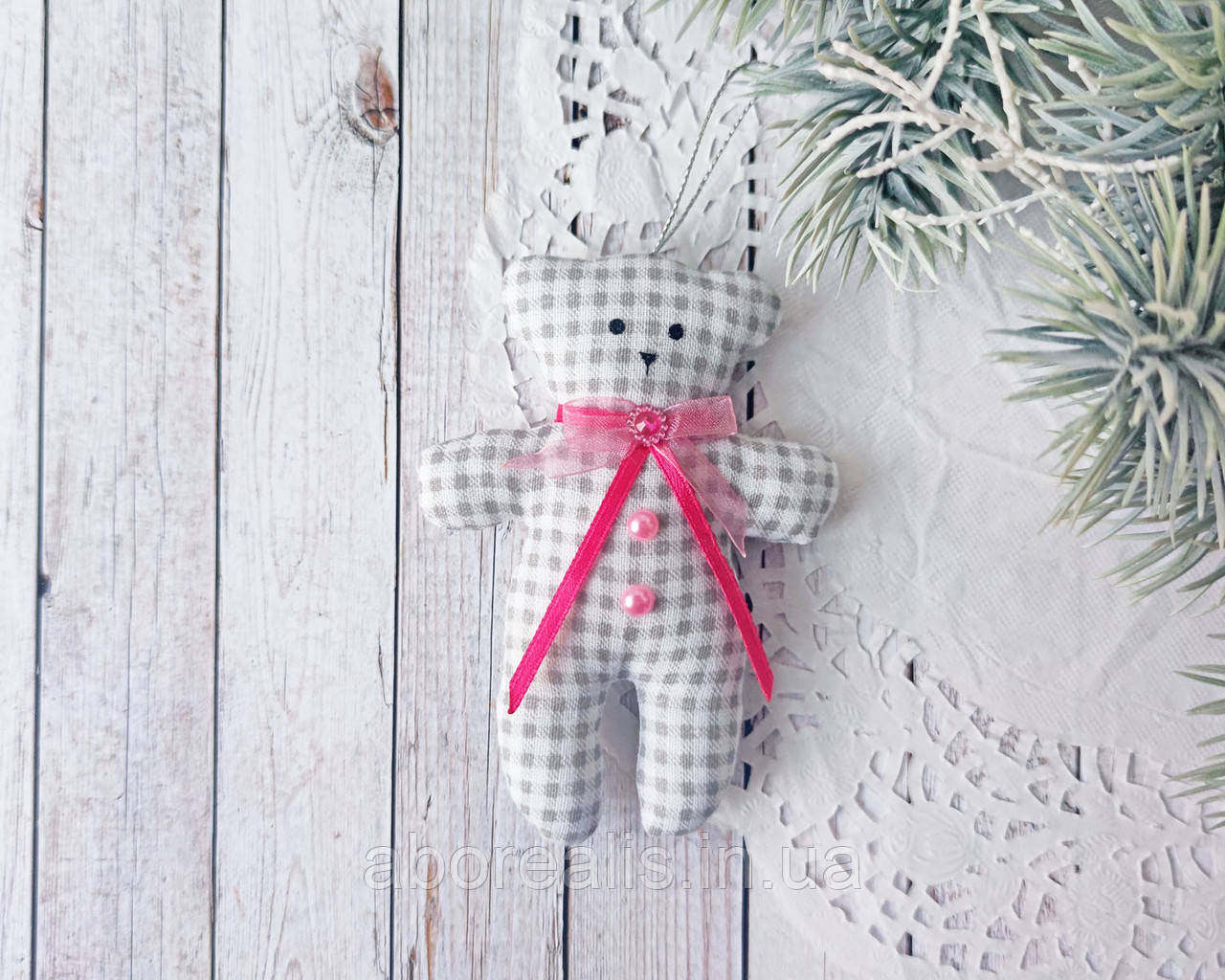 Іграшка на ялинку "Ведмедик сіро-рожевий", фото 1