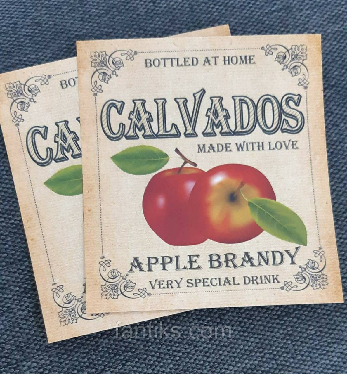 CALVADOS — наклейка сувенірна на пляшку кальвадоса 8 х 9 см (+ покриття)
