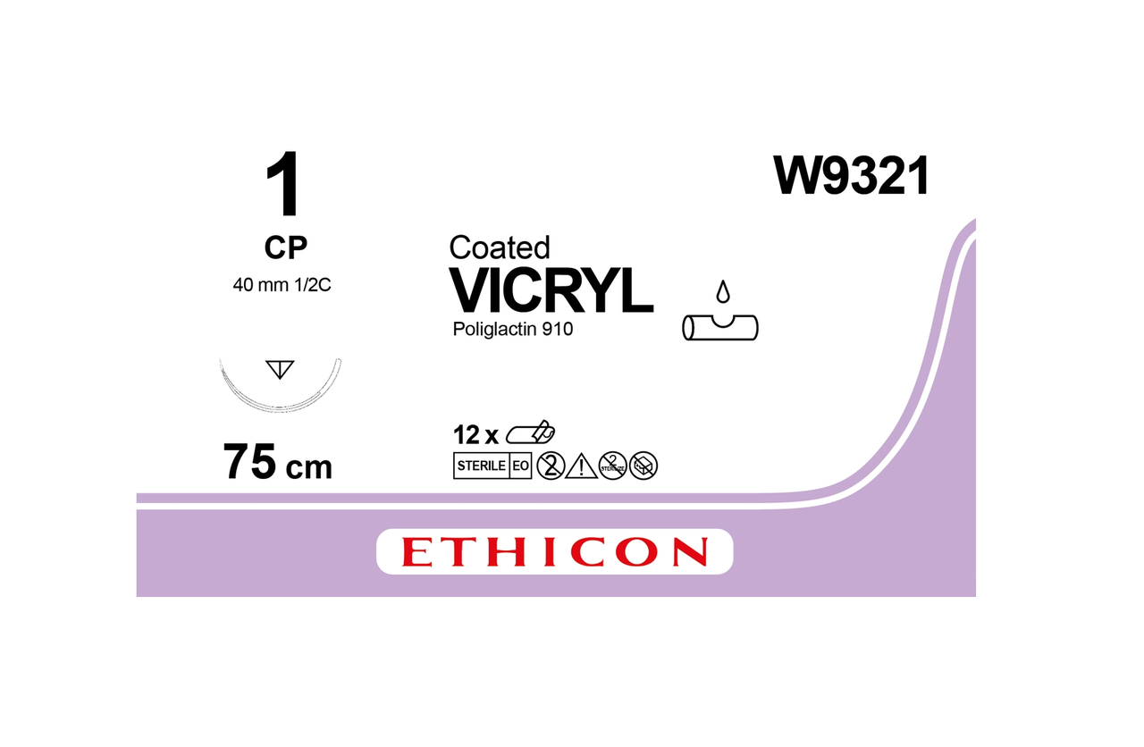 Хірургічна нитка Ethicon Вікріл (Vicryl) 1, довжина 75 см, обр-реж. голка 40 мм, W9321
