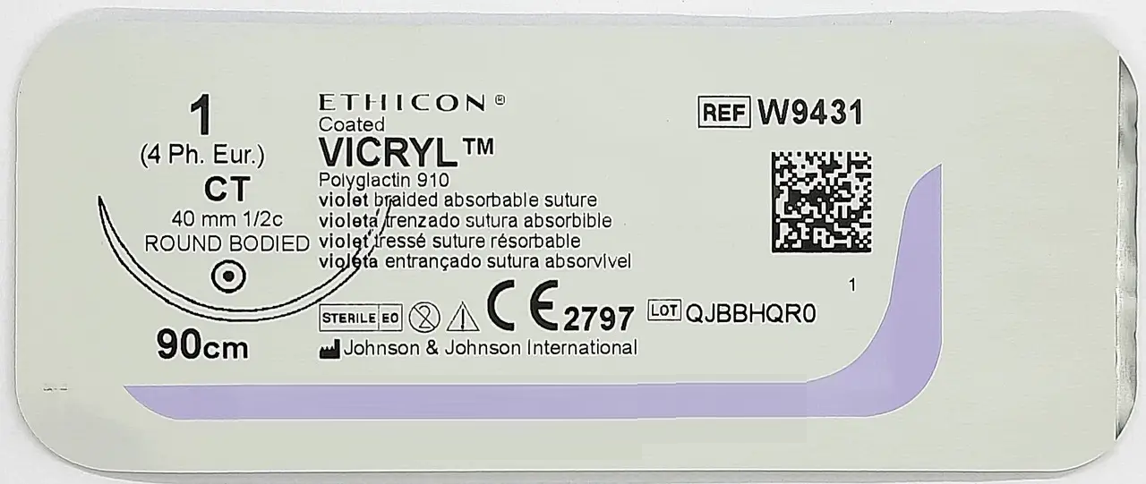 Хірургічна нитка Ethicon Вікрил (Vicryl) 1, довжина 90 см, кільк. голка 40 мм, W9431