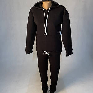 Теплий підлітковий спортивний костюм 3х-нитка (начіс) "Худі-чорний колір" 38-44р.