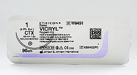 Хірургічна нитка Ethicon Вікрил (Vicryl) 1, довжина 90 см, кільк. голка 48 мм, W9451