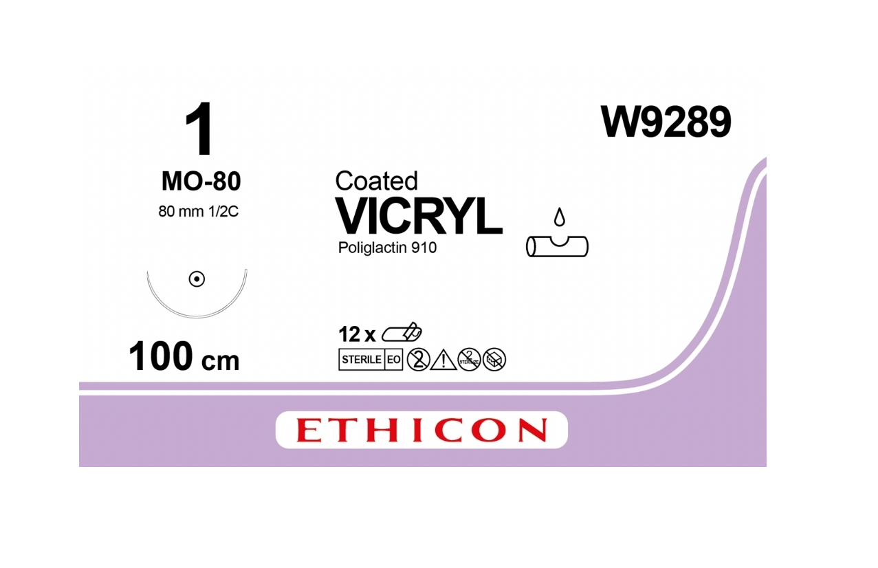 Хірургічна нитка Ethicon Вікрил (Vicryl) 1, довжина 100 см, кільк. голка 80 мм, W9289