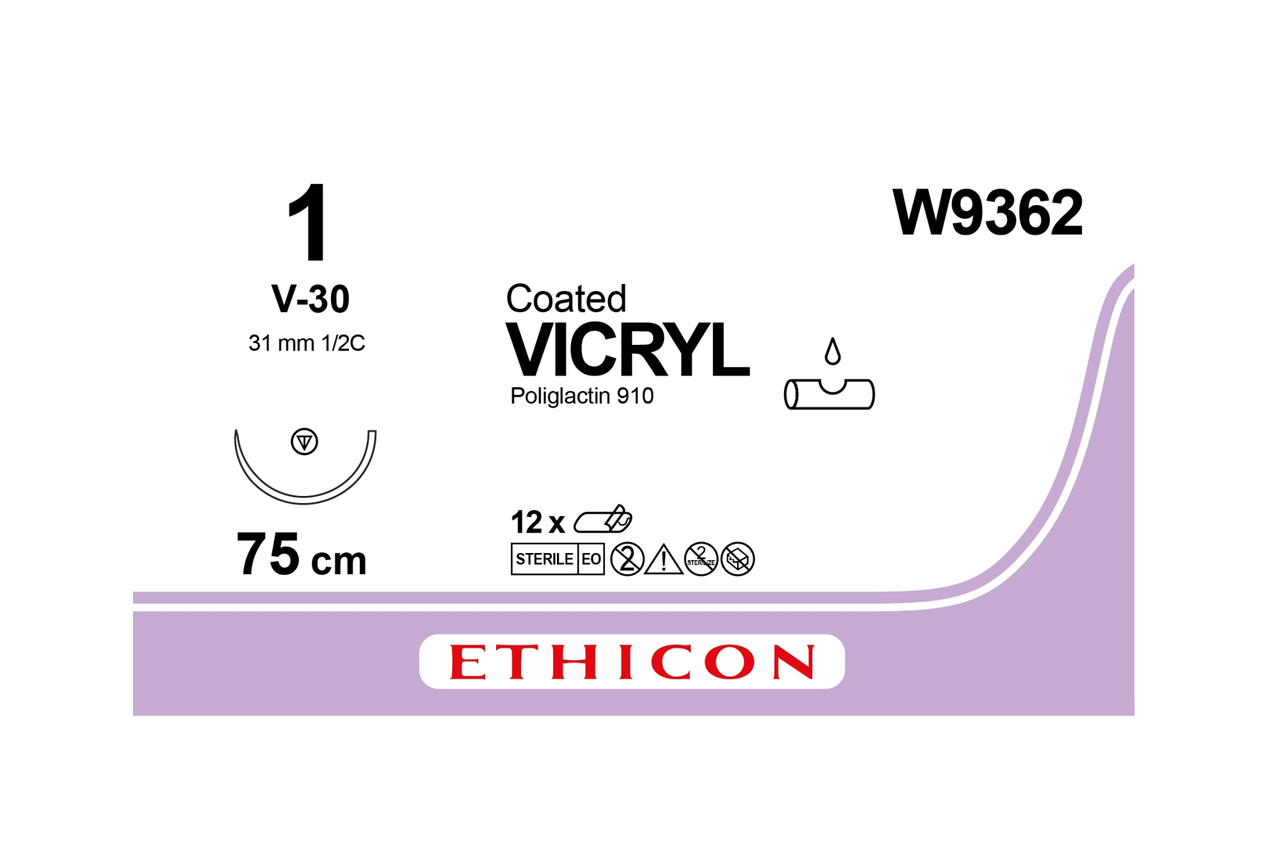 Хірургічна нитка Ethicon Вікрил (Vicryl) 1, довжина 75 см, колюча ріжуча голка 31 мм, W9362