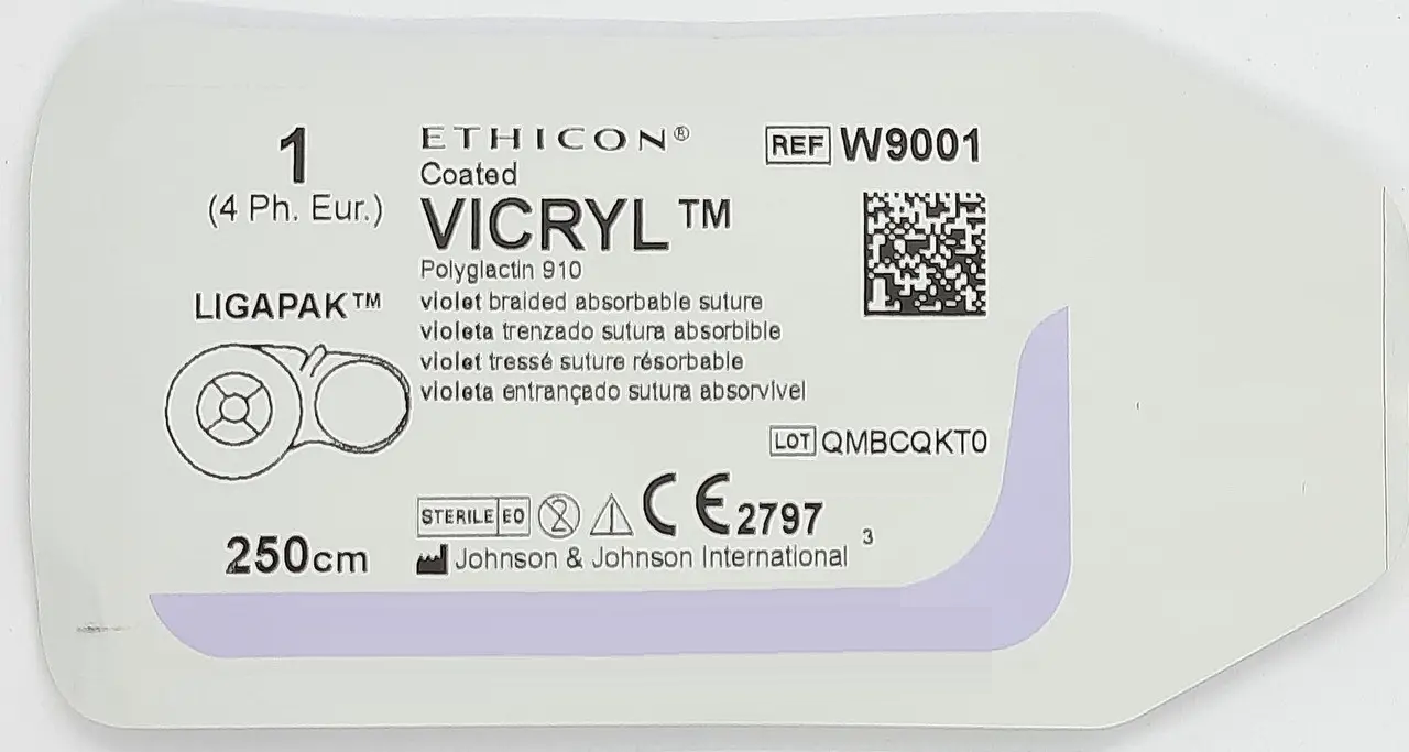 Хірургічна нитка Ethicon Вікрил (Vicryl) 1, довжина 250 см, без голки, W9001
