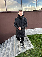Мужская черная длинная стеганая куртка парка пуховик с капюшоном на молнии осень/зима/веснa.