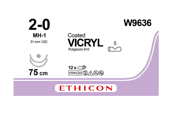 Хірургічна нитка Ethicon Вікрил (Vicryl) 2/0, довжина 75см, 2 кільк. голки 31мм W9636