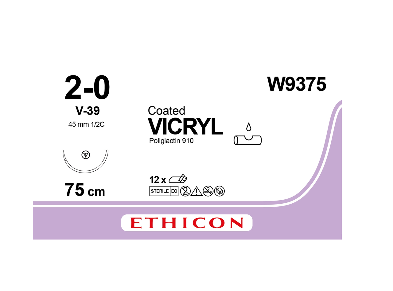 Хірургічна нитка Ethicon Вікрил (Vicryl) 2/0, довжина 75 см, кільк. голка 45 мм, W9375