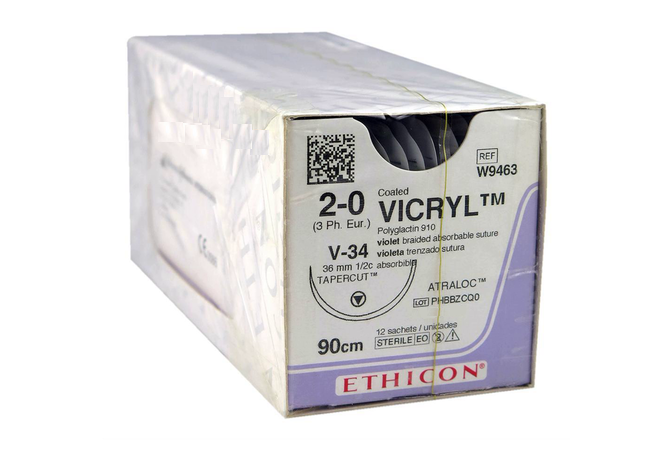 Хірургічна нитка Ethicon Вікрил (Vicryl) 2/0, довжина 90 см, кільк. голка 36 мм, W9463