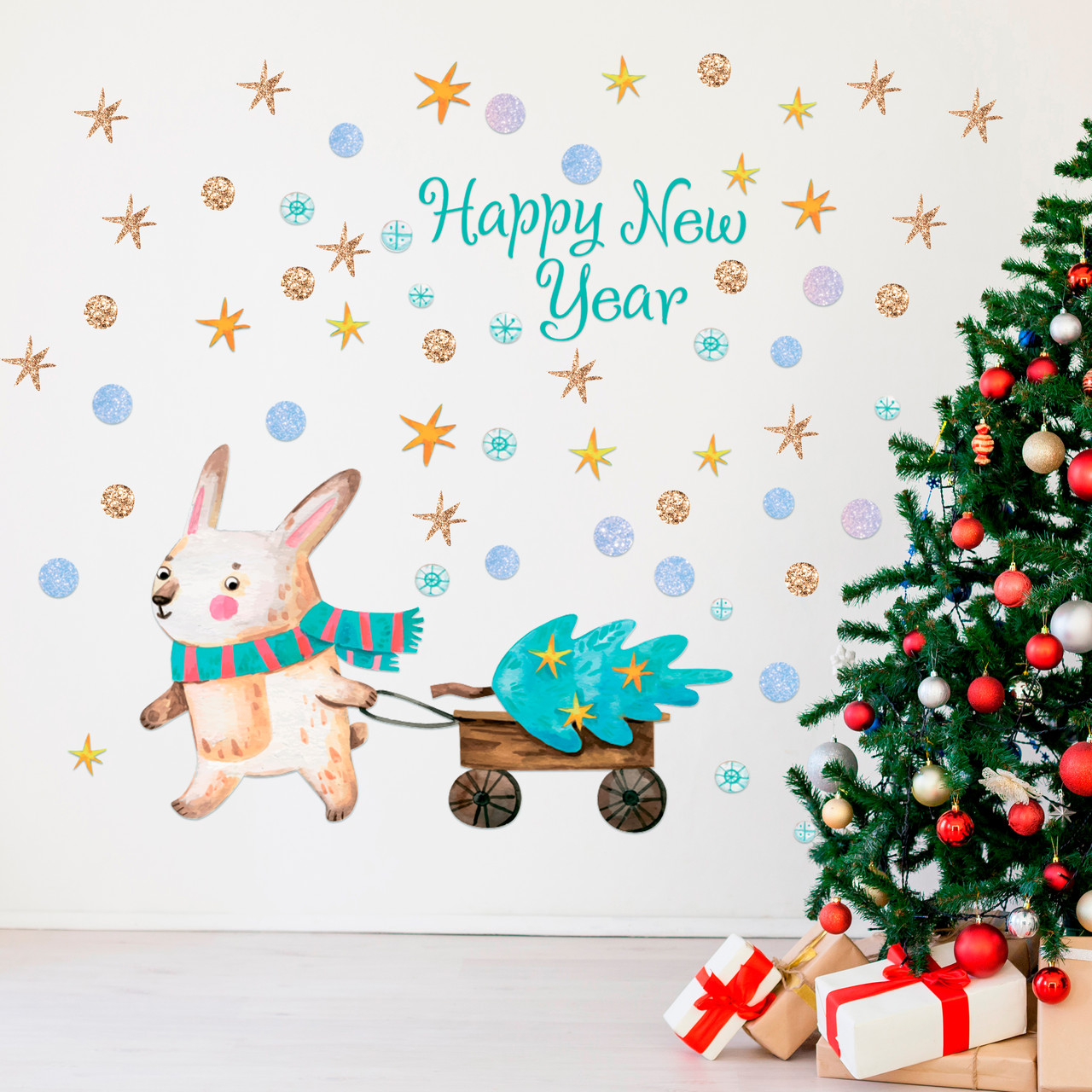 Новорічні наклейки 2023 Зайчик з подарунком (Символ року Кролик Ялинка зірки кульки) Матова Набір S 550х600мм, фото 1