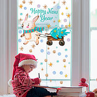 Новогодний декор Наклейки Зайчик с подарком (Символ 2023 Кролик Елка звезды шарики) Глянец Набор S 550х600мм