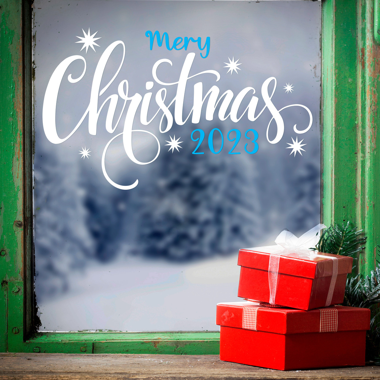Новорічні наклейки на вікно напис 2023 (Merry Christmas сніжинки Різдво) Білий матовий 450х270мм