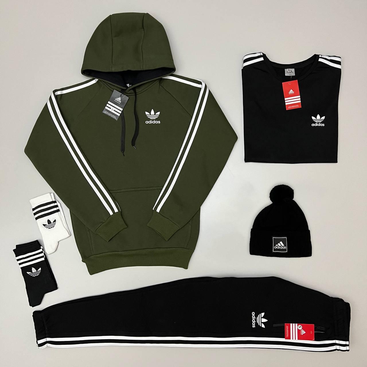 Чоловічий утеплений спортивний костюм Adidas 5в1 хакі з капюшоном ⁇ Комплект зимовий Адідас худі та штани