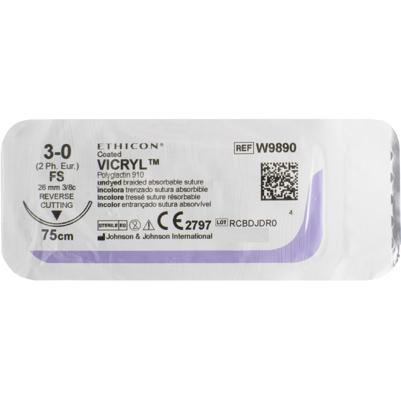 Хірургічна нитка Ethicon Вікрил (Vicryl) 3/0, довжина 75 см, обр-реж. голка 26 мм, W9890, фото 1