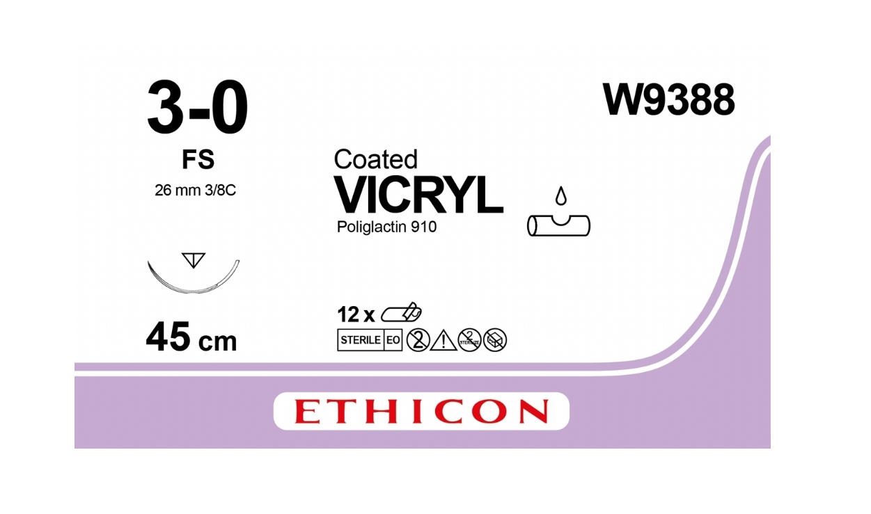 Хірургічна нитка Ethicon Вікрил (Vicryl) 3/0, довжина 45 см, обр-реж. голка 26 мм, W9388, фото 1